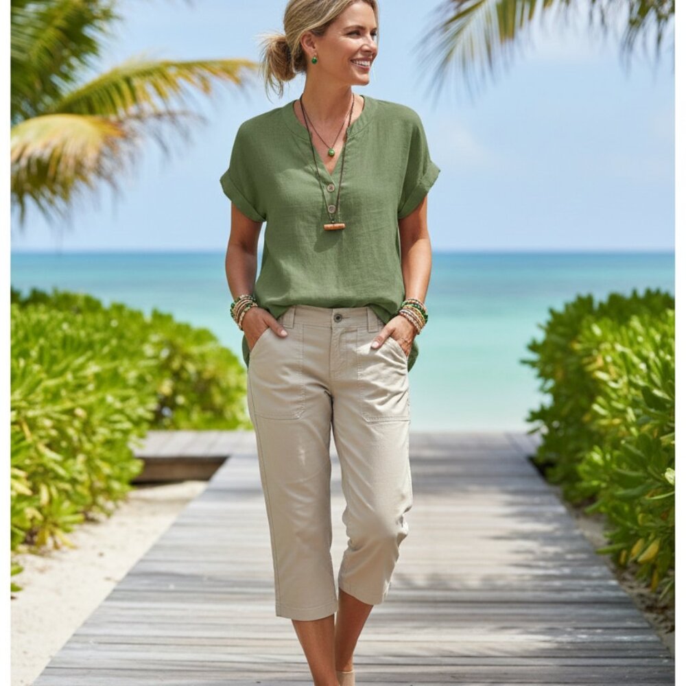 Cute Khaki Cropped Pants w/Snap Pockets